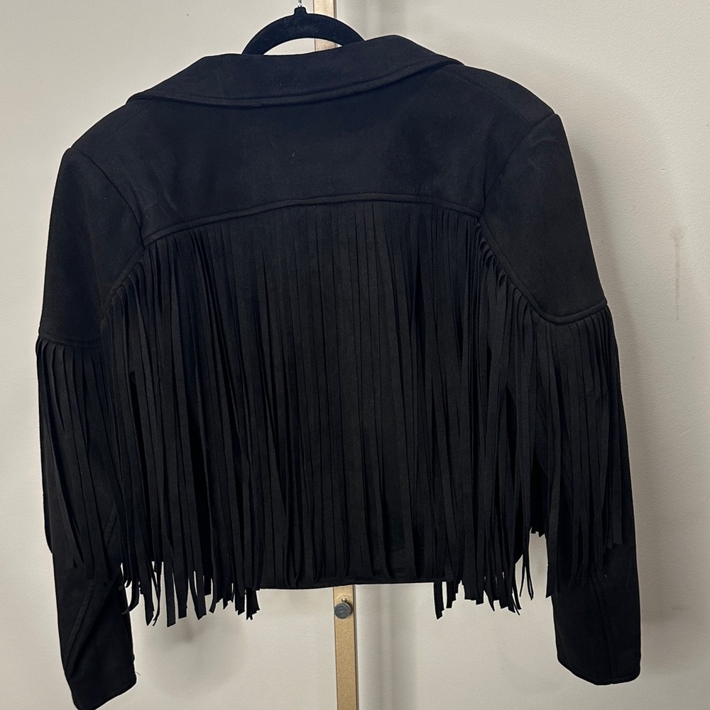 Women’s Black Suede Fringe Jacket - Crop Leather Style - Picture 2 of 2